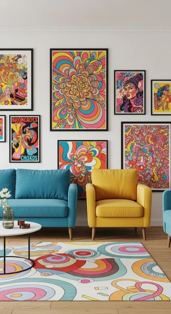 15 Creative 70s Interior Design Retro Look Ideas for Stylish Living Spaces 10 7. Bold Art Prints and Posters