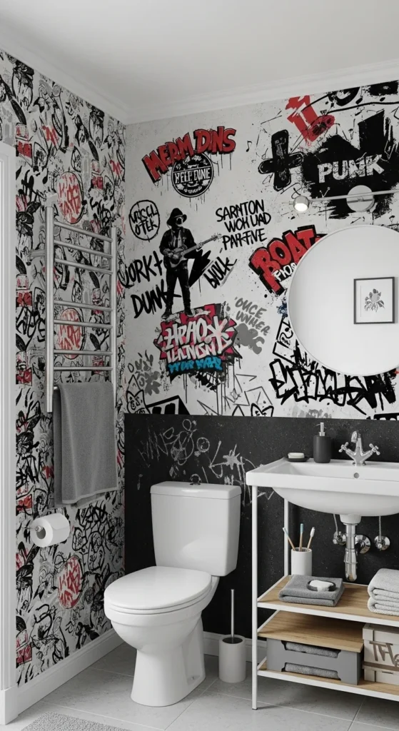 15 Punk Bathroom Ideas: Transform Your Space with Rebellion 9 7. Bold Wallpaper or Wall Decals