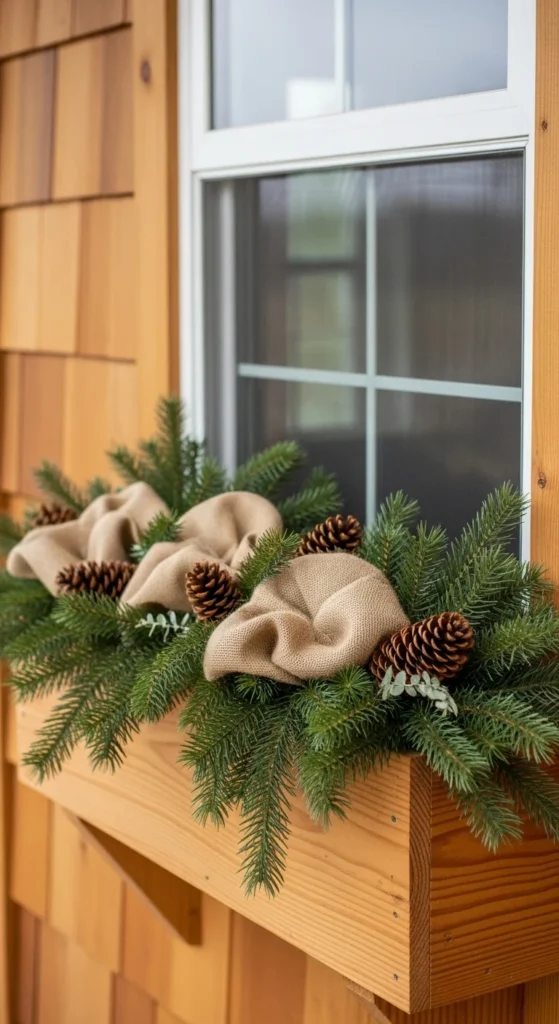 15 Christmas Window Box Ideas to Transform Your Home Exterior 10 7. Farmhouse Style Christmas Window Box with Burlap and Pinecones