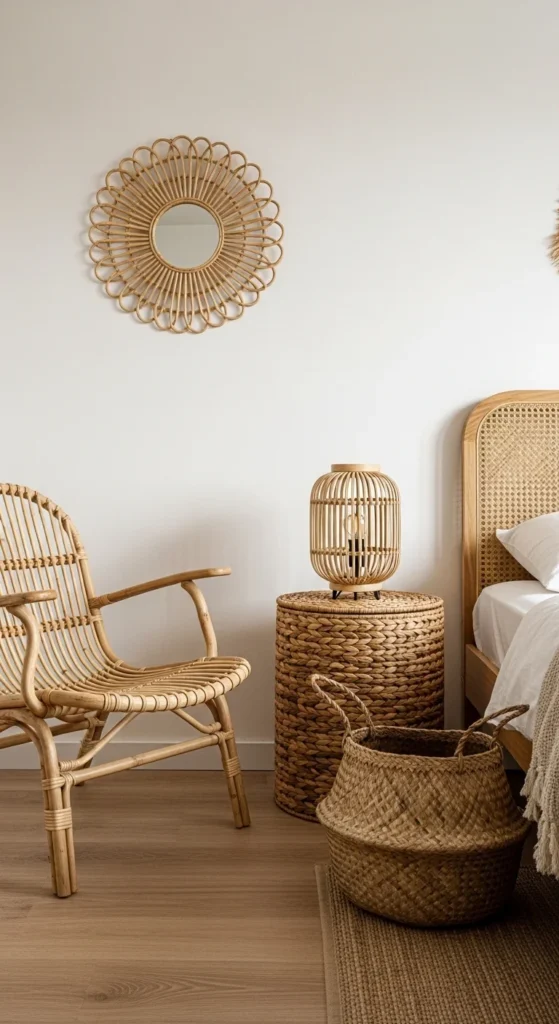 19 Natural Bedroom Oasis Ideas for a Calm Sleep Sanctuary 10 7. Introduce Woven Textures for a Cozy Natural Bedroom Oasis