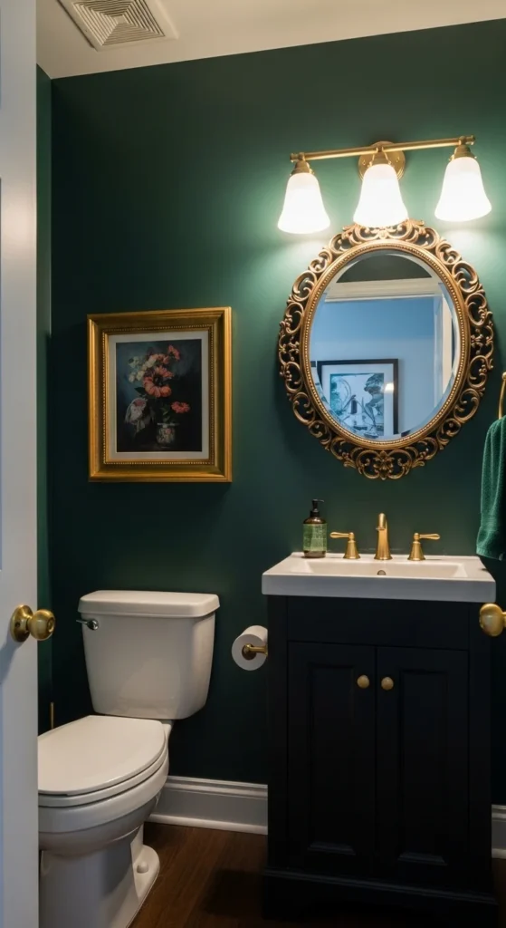 17 Stunning Moody Powder Bathroom Ideas for Small Spaces 10 7. Jewel Toned Powder Room with Luxe Details