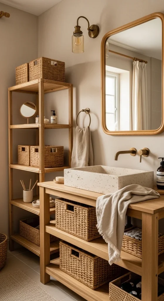 13 Warm Neutral Bathroom Ideas for a Cozy Retreat 10 7. Natural Rattan Accents for Organic Detail