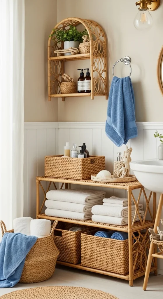 19 Stunning Beach Bathroom Ideas for a Coastal Retreat 10 7. Rattan Storage and Baskets to Add Warmth