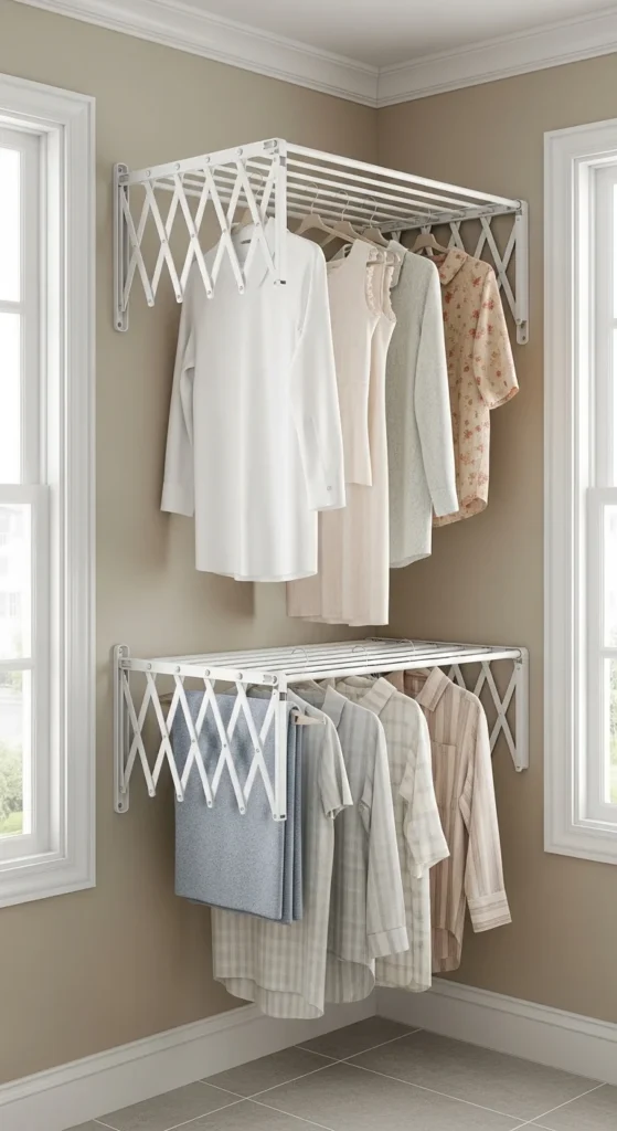 13 Small Laundry Stackable Room Ideas to Maximize Style Tips 10 7. Utilize Wall Mounted Drying Racks