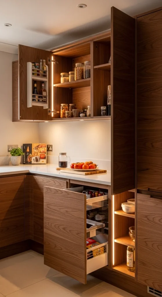 17 Modern Walnut Kitchen Cabinets Ideas for Stylish Design 10 7. Walnut Cabinets with Integrated Lighting