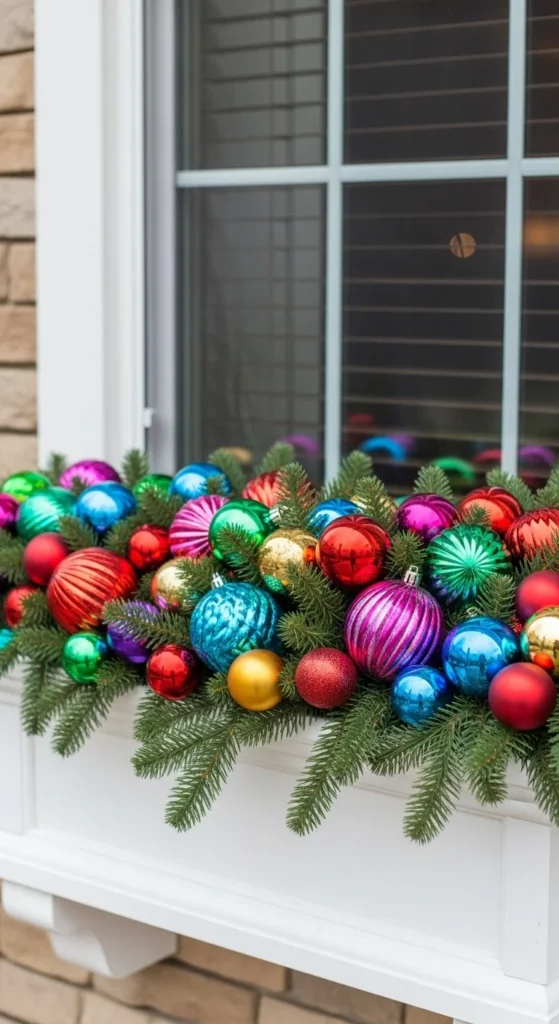 15 Christmas Window Box Ideas to Transform Your Home Exterior 11 8. Colorful Ornament Filled Christmas Window Box