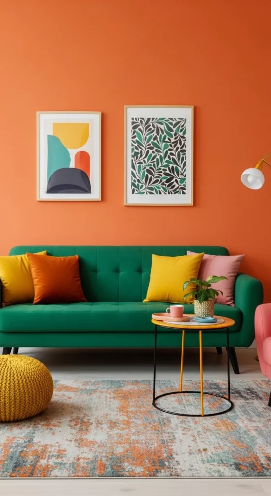17 Green Couch Living Room Ideas for a Fresh and Vibrant Home 11 8. Contrasting with Vibrant Accent Colors