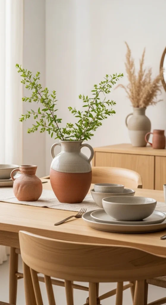 13 Natural Dining Room Oasis Ideas for Peaceful Inviting Space 11 8. Handmade Pottery That Adds Character to a Natural Dining Room Oasis