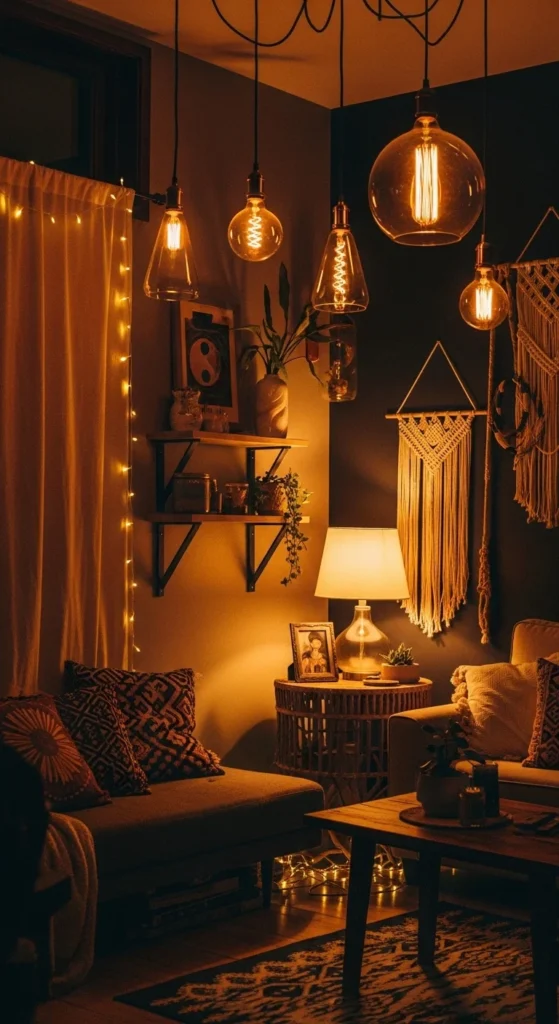 15 Boho Chic Interior Ideas to Create a Warm and Soulful Home 11 8. Layered Lighting for a Soft Boho Chic Interior Glow