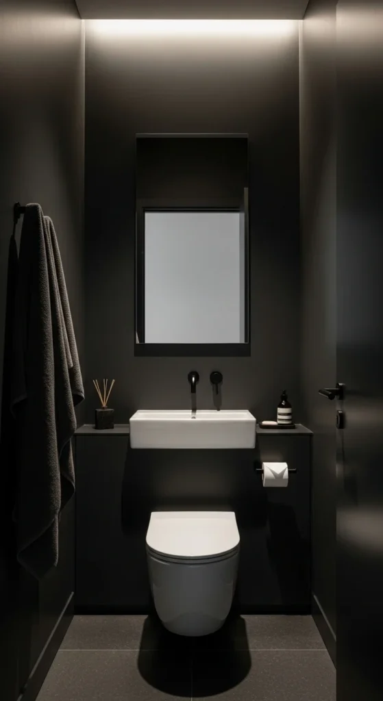 17 Stunning Moody Powder Bathroom Ideas for Small Spaces 11 8. Moody Minimalist Style with Clean Dark Lines