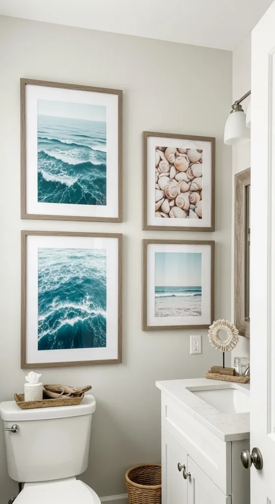 19 Stunning Beach Bathroom Ideas for a Coastal Retreat 11 8. Ocean Inspired Artwork That Complements Coastal Colors