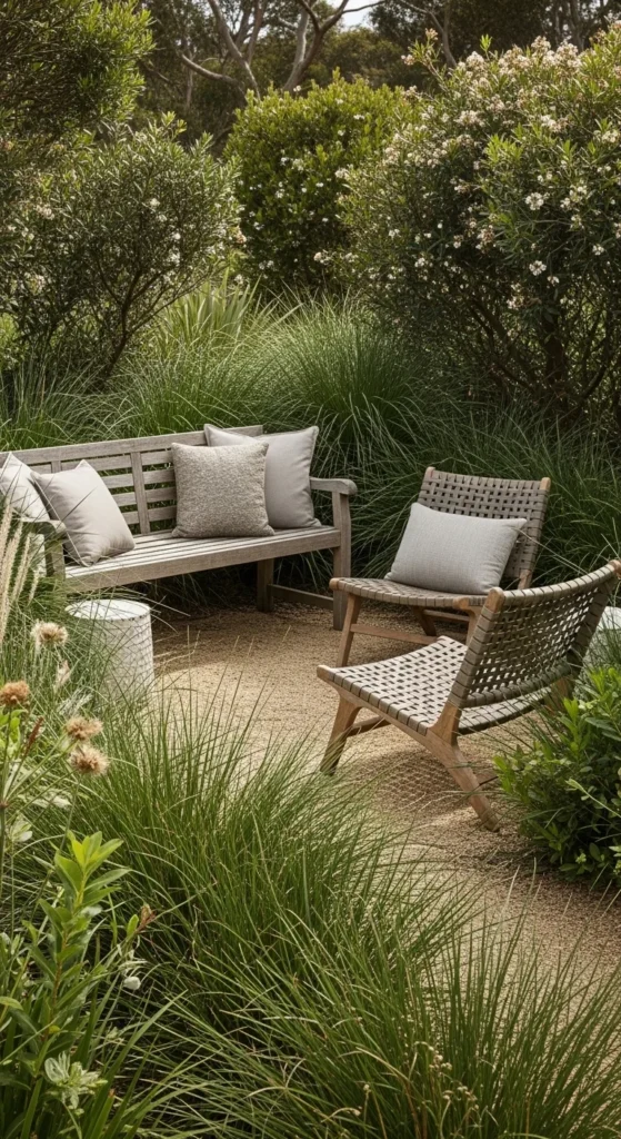 19 Coastal Australian Garden Ideas for a Relaxed Outdoor Space 11 8. Relaxing Seating Corners Surrounded by Coastal Plants