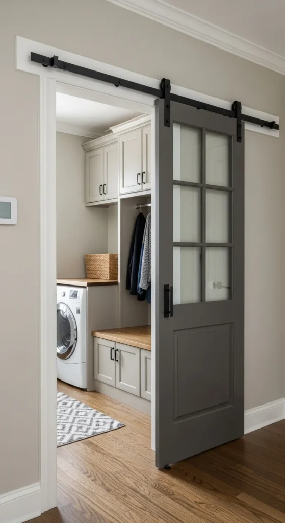 19 Laundry Mud Room Ideas That Combine Style, Storage, and Smart Organization 11 8. Sliding Barn Doors to Define the Space