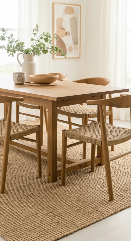 19 Organic Dining Room Ideas for Calm Nature Inspired Space Ideas 11 8. Use Natural Fiber Rugs Under the Dining Table