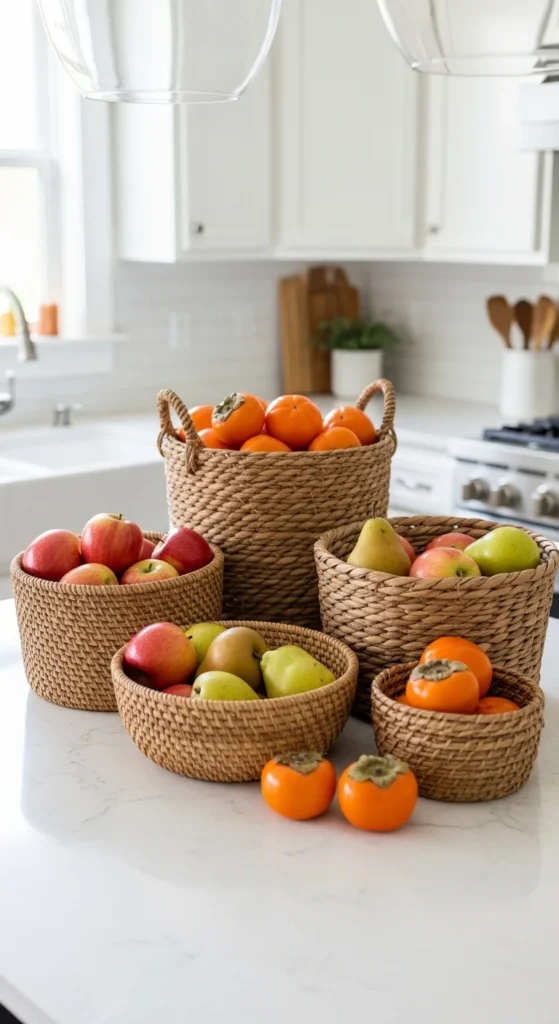 15 Thanksgiving Kitchen Island Decor Ideas to Transform Your Holiday Space 10 8. Woven Baskets with Seasonal Fruits