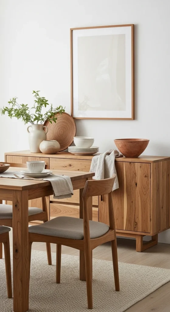 19 Organic Dining Room Ideas for Calm Nature Inspired Space Ideas 12 9. Add a Wooden Sideboard for Storage and Style