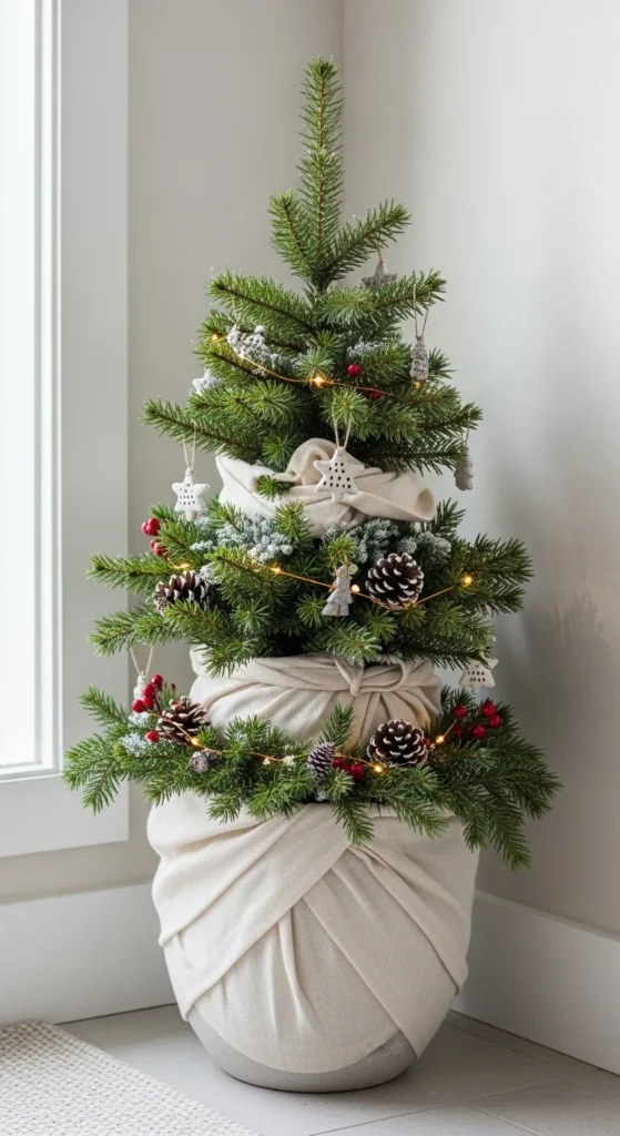 17 Christmas Tree Planter Styling Ideas for Festive Decor 12 9. Cozy Indoor Christmas Tree Planter Styling for Small Spaces