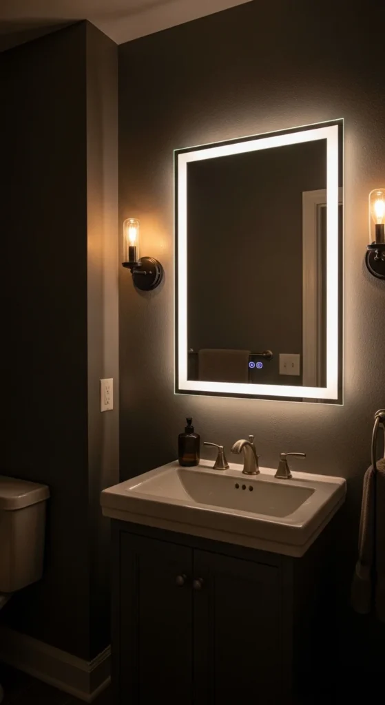 17 Stunning Moody Powder Bathroom Ideas for Small Spaces 12 9. Dramatic Lighting That Shapes the Entire Atmosphere