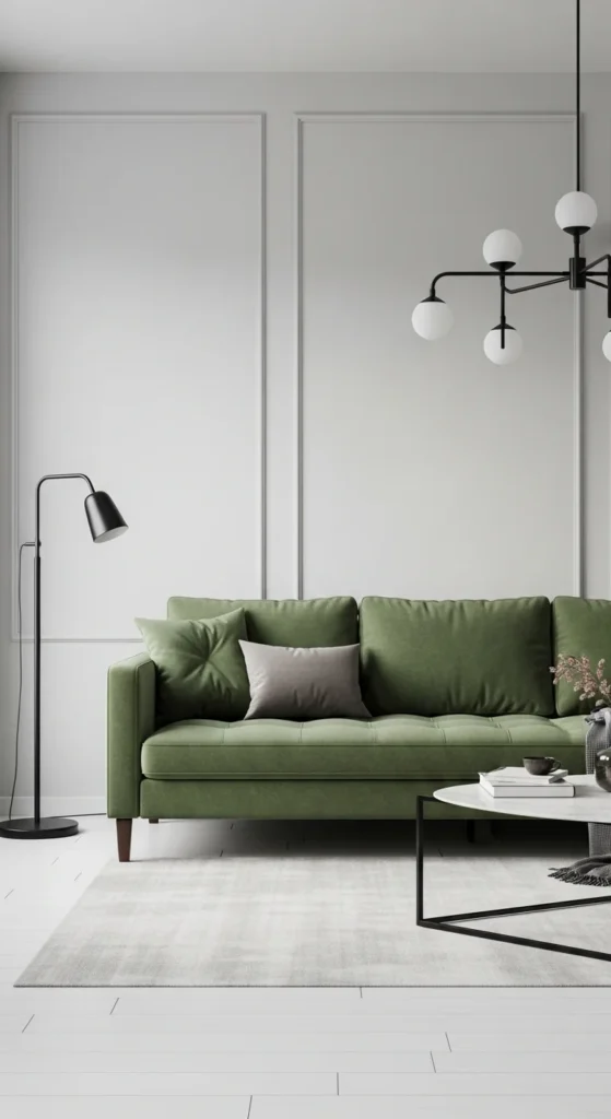 17 Green Couch Living Room Ideas for a Fresh and Vibrant Home 12 9. Minimalist Green Couch Living Room