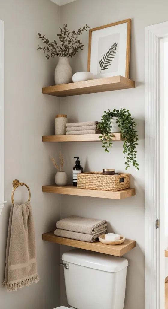 13 Warm Neutral Bathroom Ideas for a Cozy Retreat 12 9. Minimalist Shelving for Clean Airy Feel
