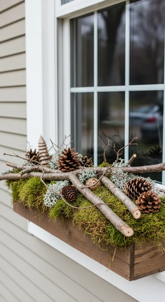 15 Christmas Window Box Ideas to Transform Your Home Exterior 12 9. Natural Woodland Christmas Window Box with Branches and Moss