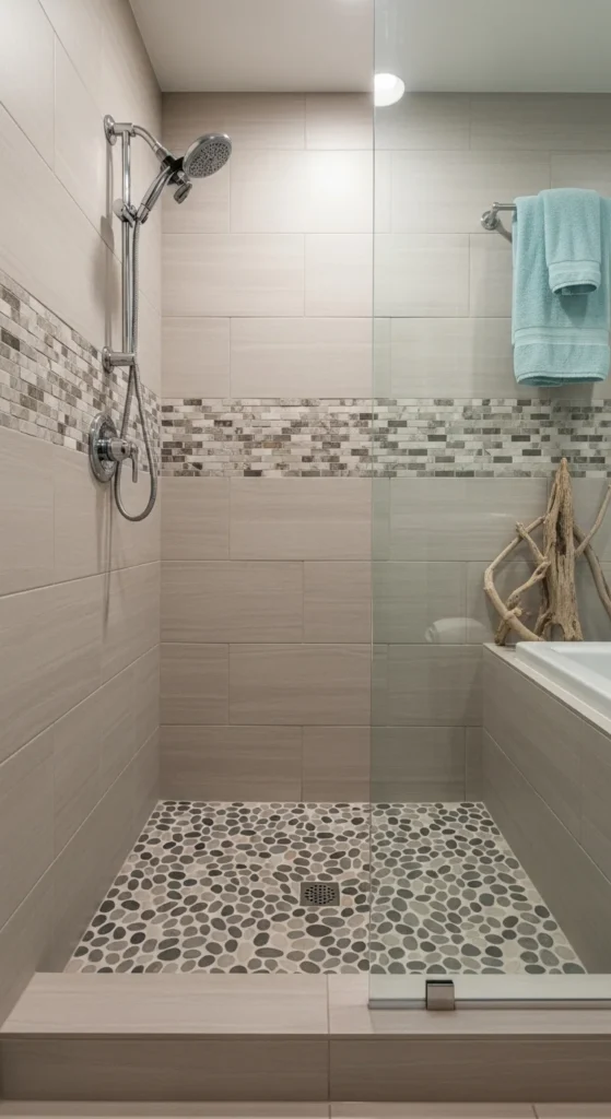 19 Stunning Beach Bathroom Ideas for a Coastal Retreat 12 9. Pebble Stone Shower Flooring for a Spa Like Feel