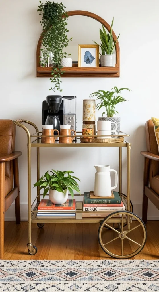 17 Embracing 70s Interior Design Ideas in Modern Homes 12 9. Retro Display Carts and Stylish Utility Corners