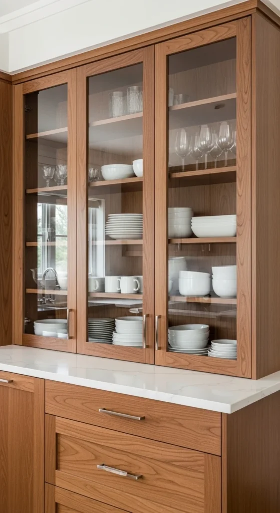 17 Modern Walnut Kitchen Cabinets Ideas for Stylish Design 12 9. Walnut Cabinets with Glass Inserts