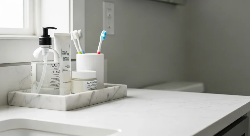How to Organize Bathroom Counter 2 Use Decorative Trays to Group Everyday Essentials
