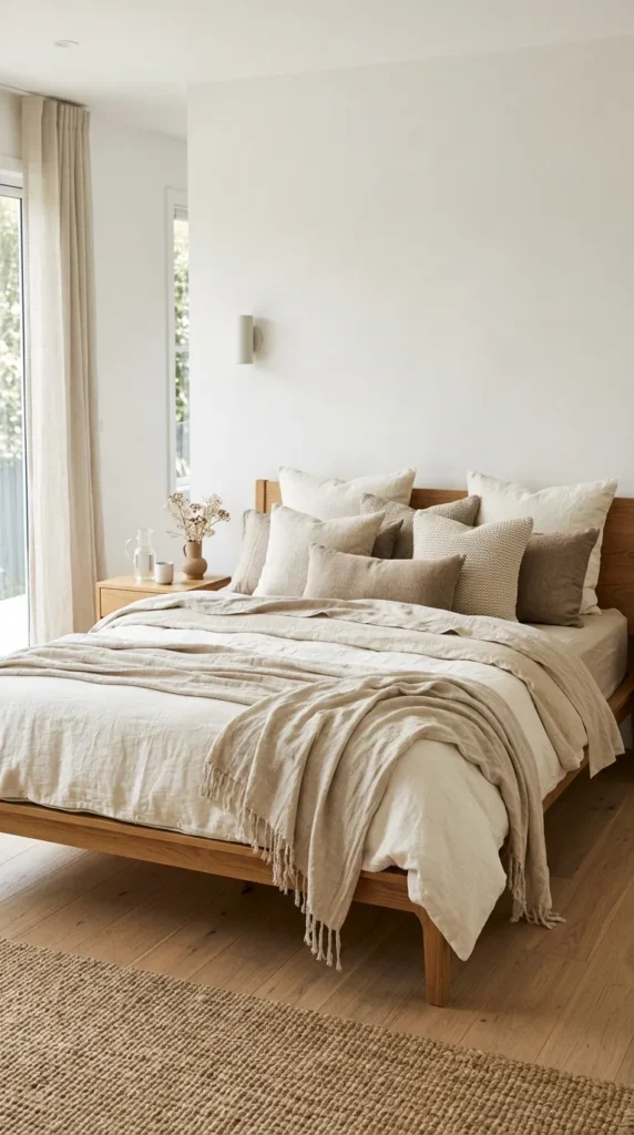 3. Earthy Bedroom Idea With Layered Linen Bedding clean