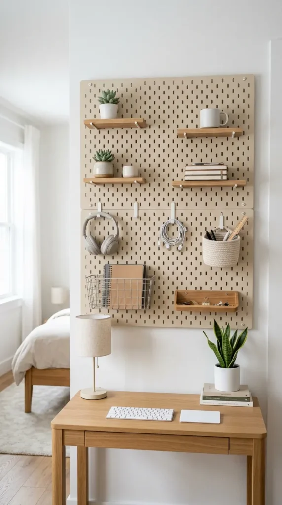 4. DIY Pegboard Wall for Flexible Bedroom Organization clean