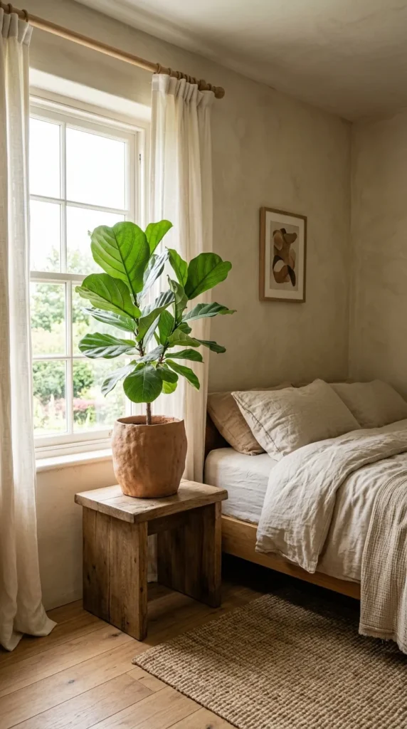 4. Earthy Bedroom Idea Featuring Indoor Plants clean