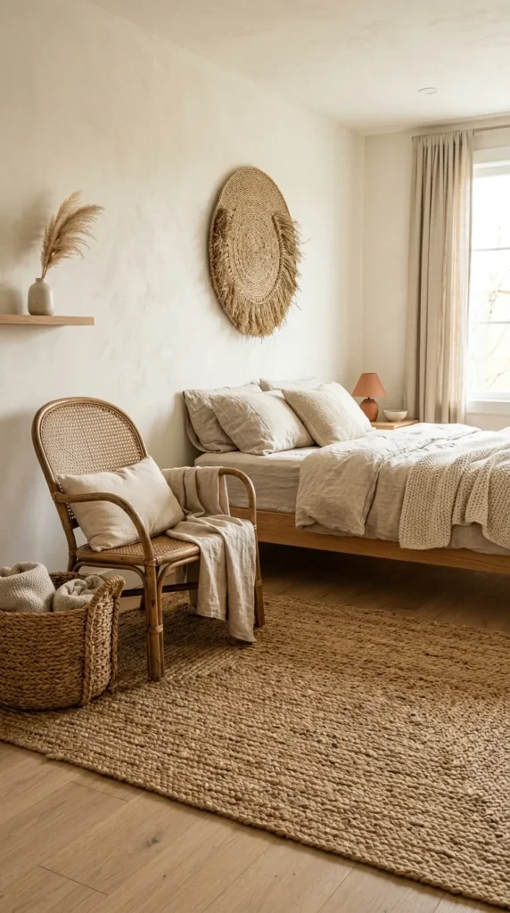 5. Earthy Bedroom Idea With Woven and Natural Textures clean