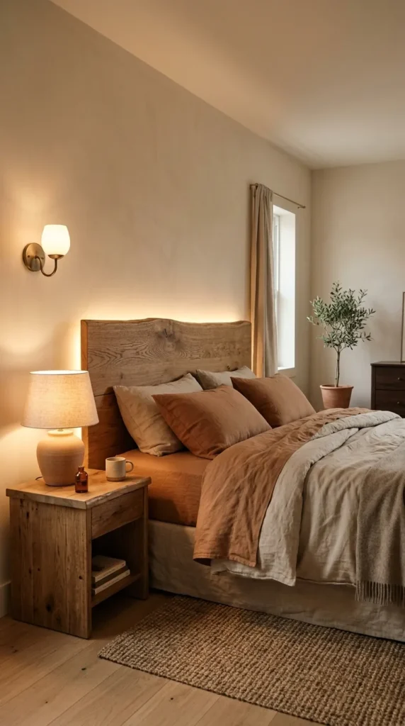 6. Earthy Bedroom Idea Using Soft Ambient Lighting clean