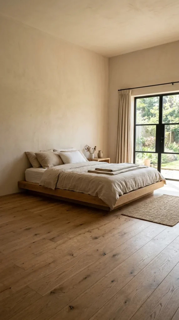 7. Earthy Bedroom Idea With Minimalist Furniture Layout clean