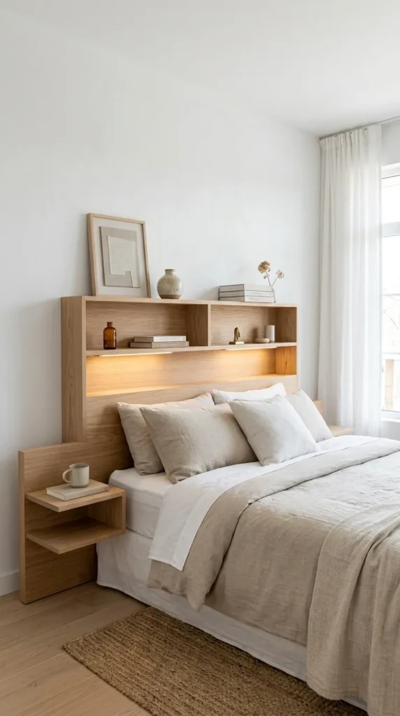 8. DIY Headboard with Built In Storage Features clean