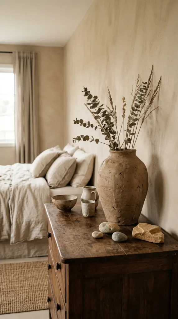 8. Earthy Bedroom Idea Featuring Stone and Clay decor clean