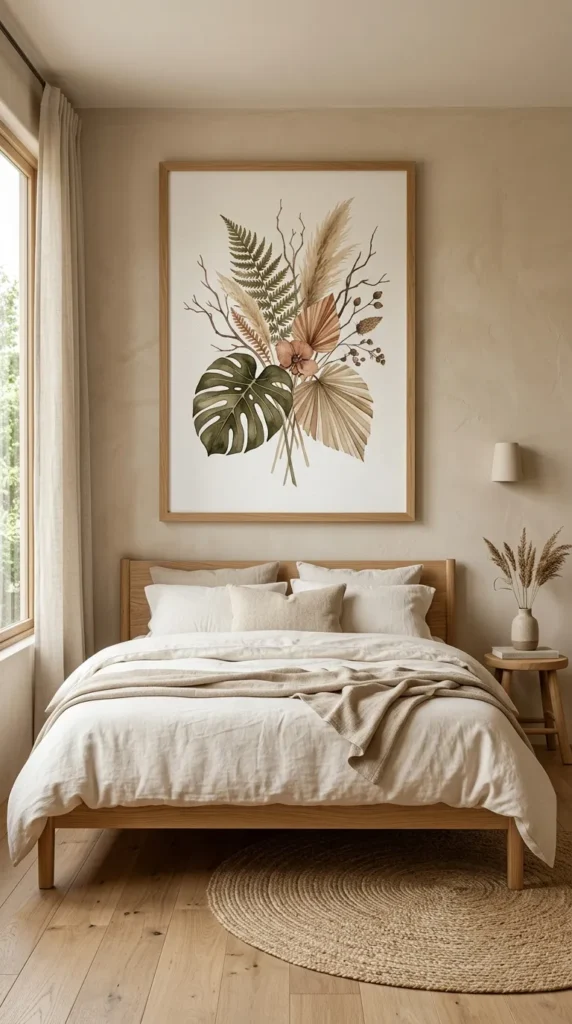 9. Earthy Bedroom Idea With Nature Inspired Artwork clean
