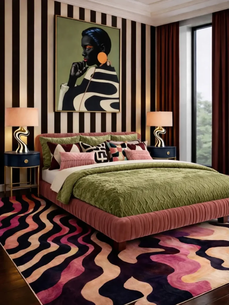 1. Bold Portrait and Wave Rug Bedroom