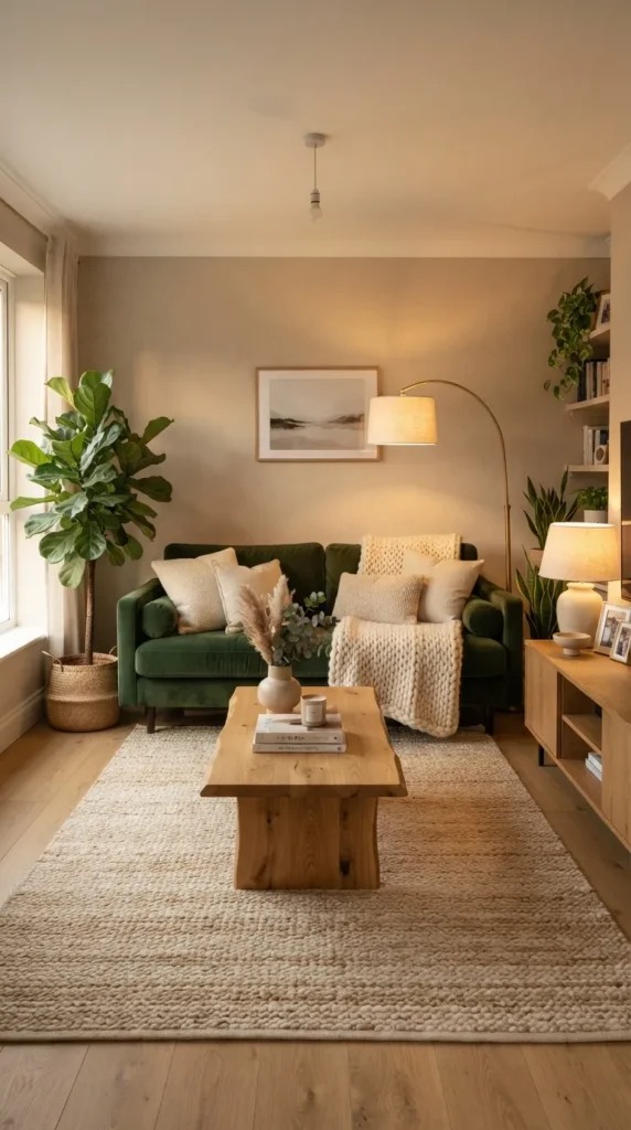 1. Create a Cozy Space With a Dark Green Sofa Living Room Design clean