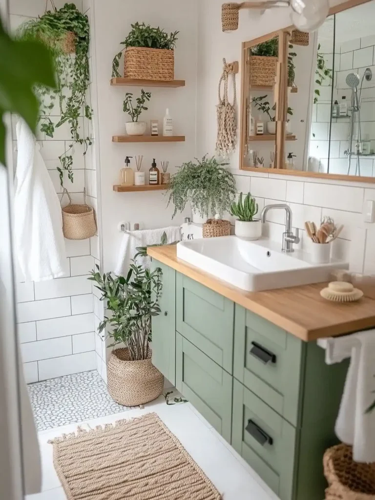 1. Green Vanity with Wood Countertop