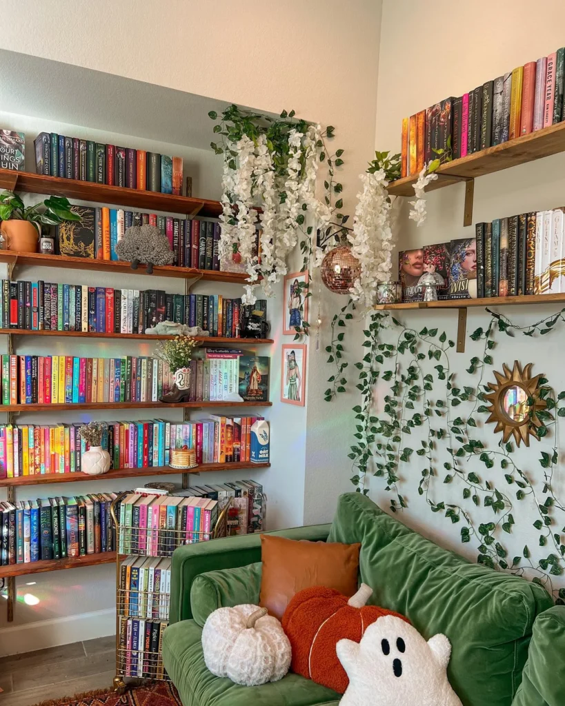 1. Green Velvet Reading Nook with Vine Wall