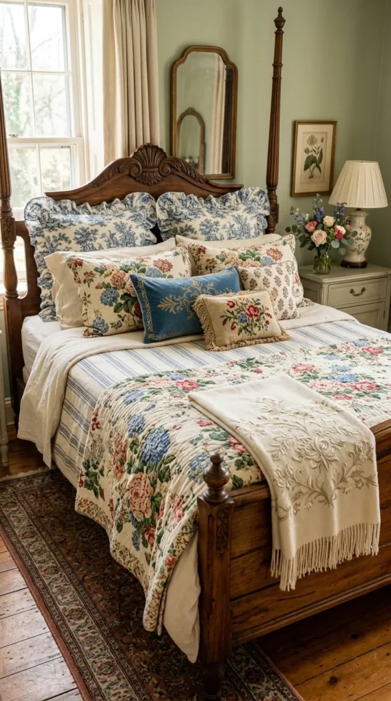 1. Layer Floral Bedding With Mismatched Vintage Patterns clean