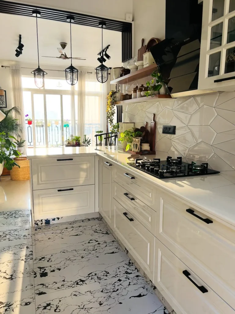 1. Marble Floor L Shaped Kitchen