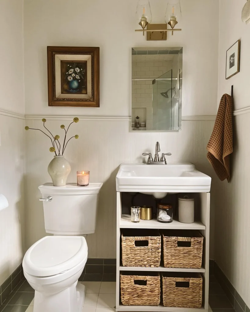 1. Open Shelf Vanity with Woven Baskets