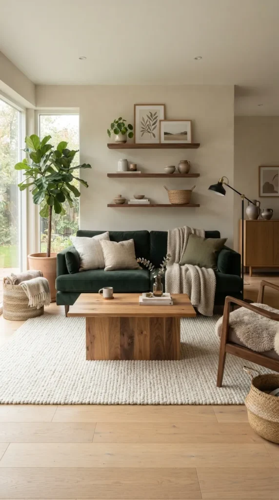 1. Pair Warm Wood Tones with Rich Green Upholstery clean
