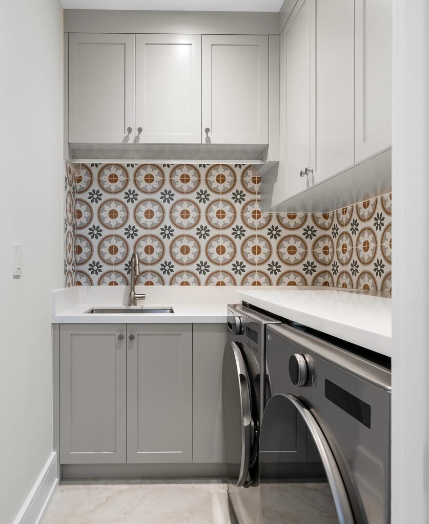 1. Patterned Tile Backsplash with Side by Side Machines