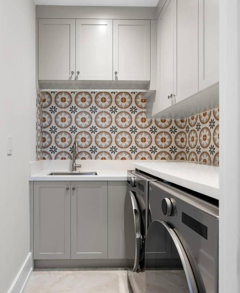 1. Patterned Tile Backsplash with Side by Side Machines