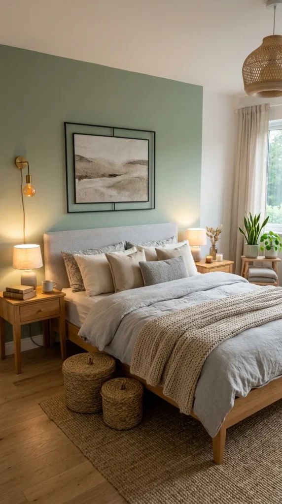 1. Sage Accent Wall Light Green and Grey Bedroom Ideas clean