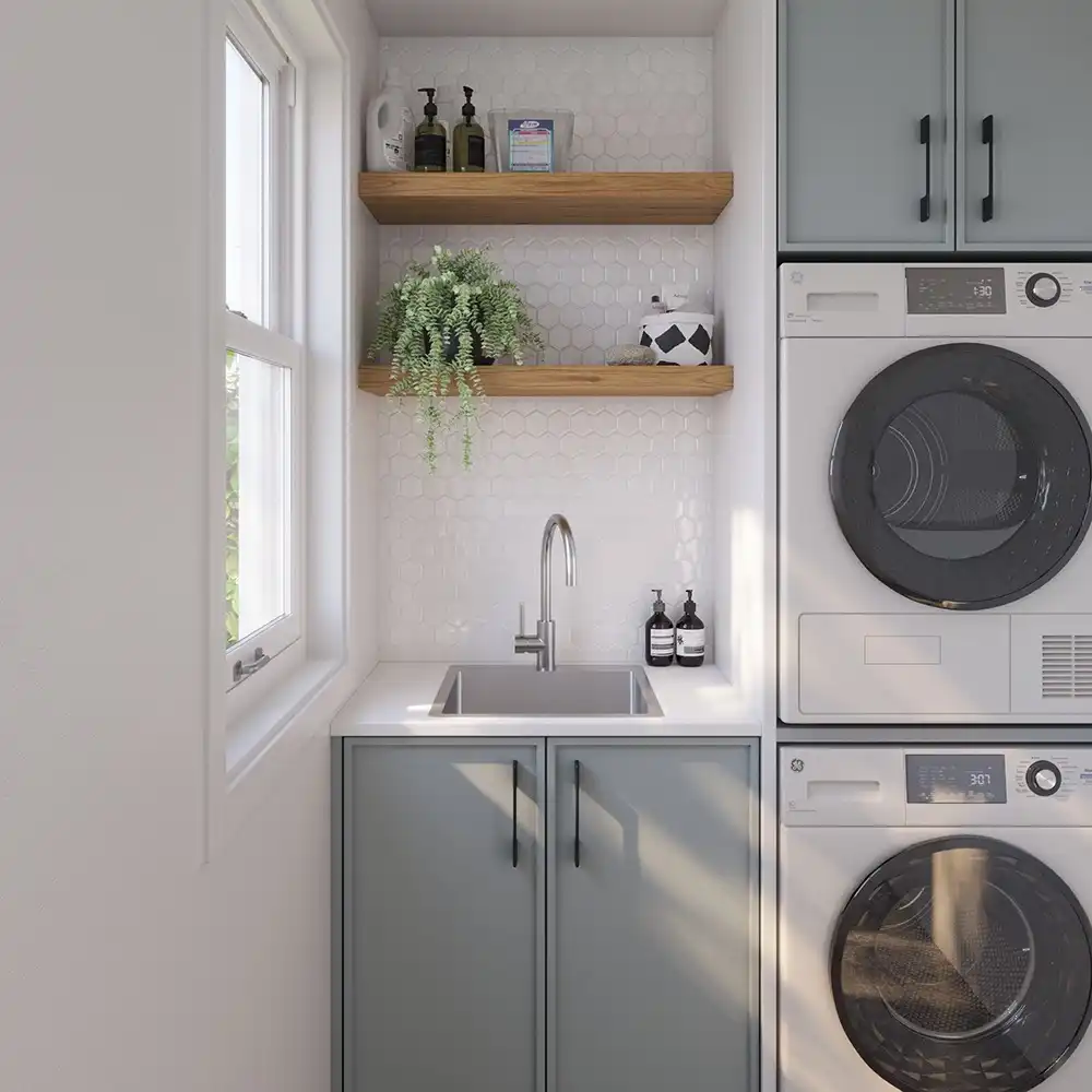 1. Stacked Washer and Dryer With Open Shelving